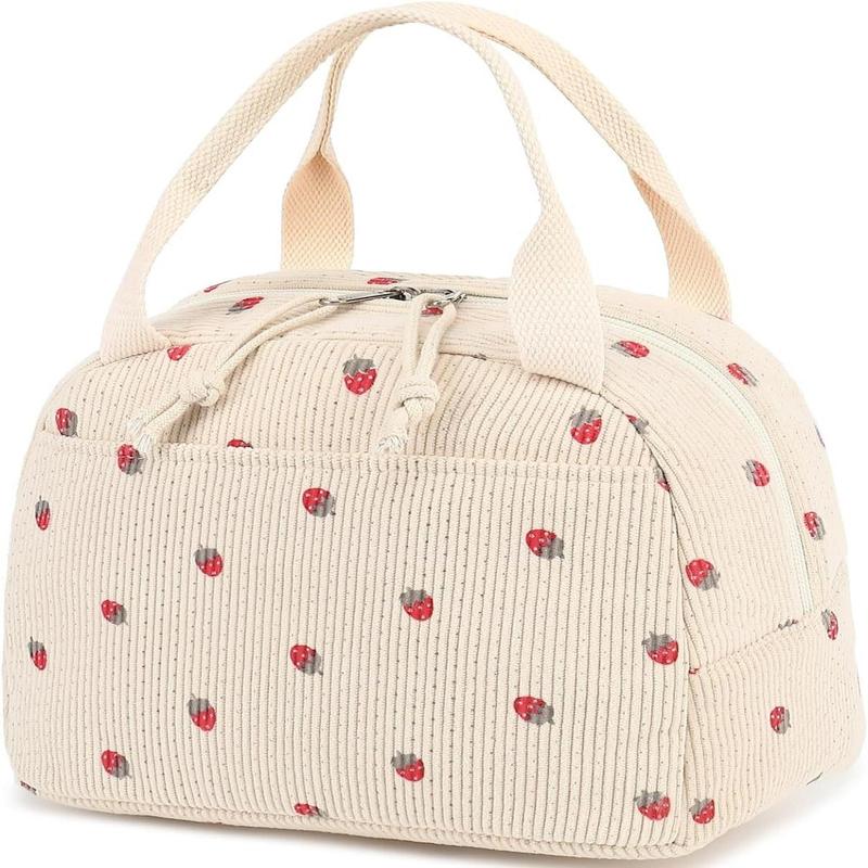 Strawberry Pattern Lunch Bag, 1 Count Cute Corduroy Lunch Tote Bag, Reusable Insulated Bento Bag, Large Capacity Reusable Insulated Cooler for Outdoor