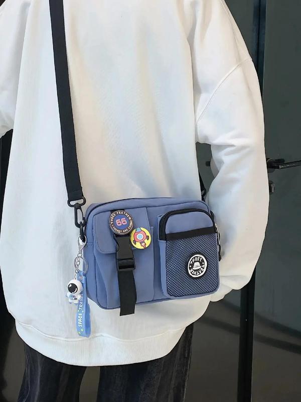 Unisex Couple Zipper Crossbody Bag, Casual Plain Multi-pocket Bag for Women & Men, Casual Trendy Versatile High-quality Daily Commuting Bag, Girl Fashionable Shopping Bag with Random Color Badge
