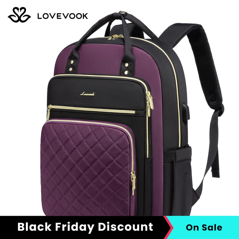 LOVEVOOK Black Friday Laptop Backpack with USB Port,Multi-Compartment Laptop Bag for College, Nursing, Travel, Quilted Work Bags for Women,Color-Block Carry On Backpack, Gift for Christmas