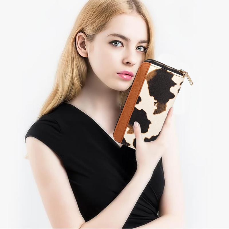 Cow Print Wallet for Women Men, Western Highland Cow Purse, Cowhide Cute Small Credit Card Holder Cow Stuff Gifts for Ladies (A-Black)