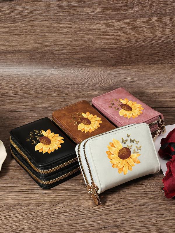 Women's Sunflower & Butterfly Pattern Card Holder, Fashionable Zipper Card Holder, Casual Versatile Short Wallet for Women & Girls