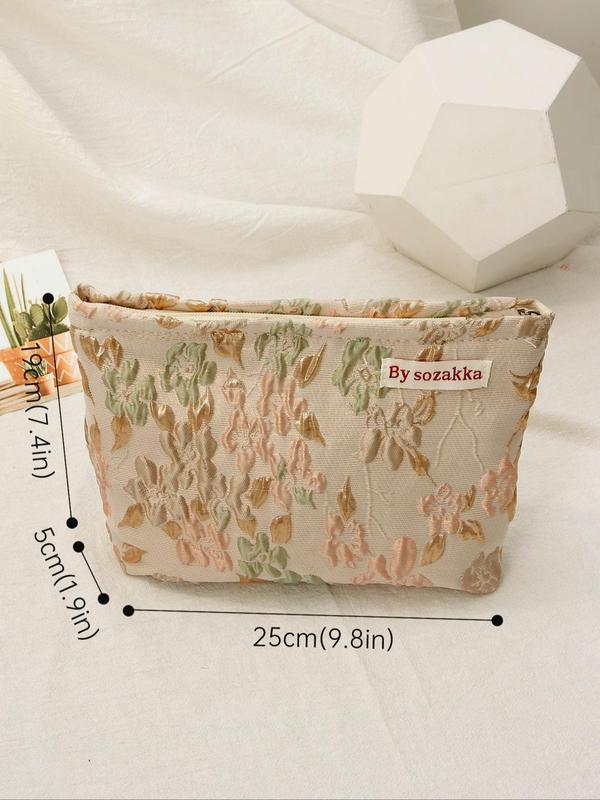 Floral Pattern Makeup Bag for Summer, Casual Letter Patched Design Makeup Bag, Portable Zipper Makeup Storage Bag for Travel & Business Trip & Daily Used