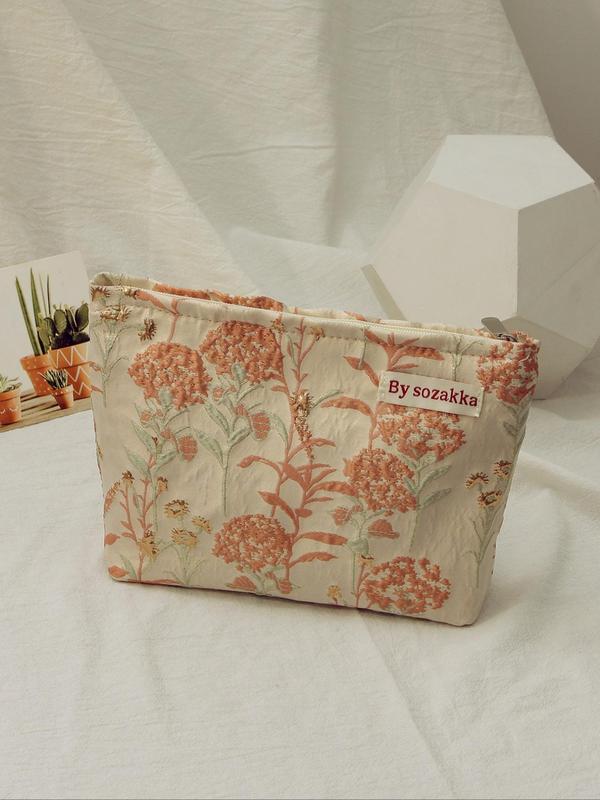 Floral Pattern Makeup Bag for Summer, Casual Letter Patched Design Makeup Bag, Portable Zipper Makeup Storage Bag for Travel & Business Trip & Daily Used