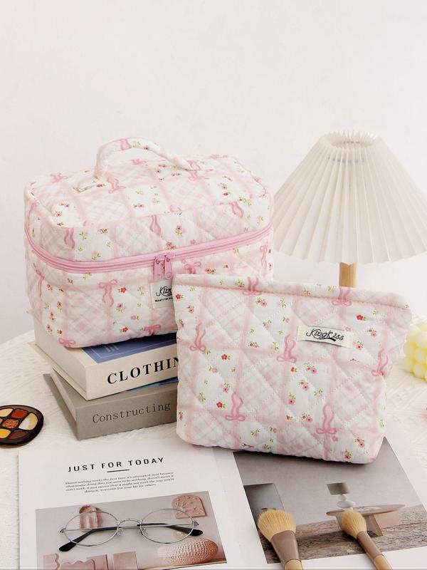 Cute Bow Pattern Makeup Bag Set, Large Capacity Handheld Makeup Bag, Zipper Makeup Bags for Purse, Travel Toiletry Bag, Fashion Portable Bag