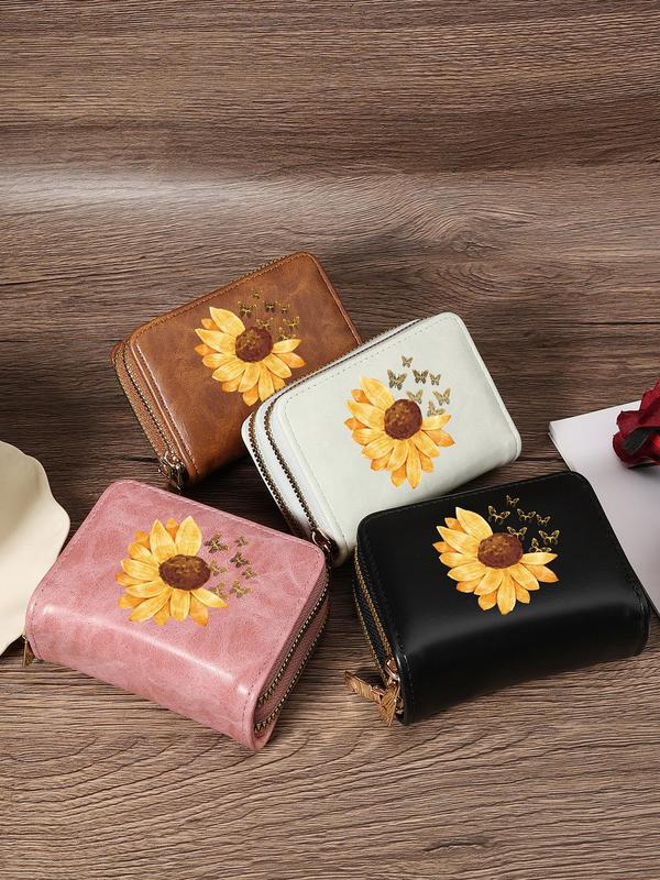 Women's Sunflower & Butterfly Pattern Card Holder, Fashionable Zipper Card Holder, Casual Versatile Short Wallet for Women & Girls