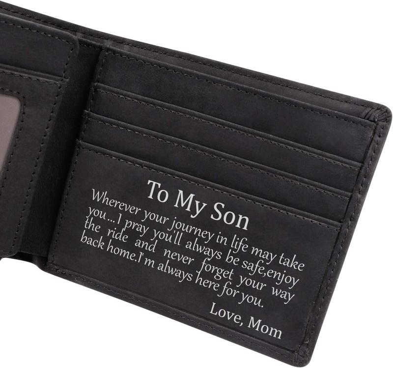 Personalized Leather Wallet Gift For Son, Engraved RFID Blocking Bifold Stylish Wallet For Son From Mom Birthday Valentines Father's Day Christmas Gifts (Black-Son From Mom)