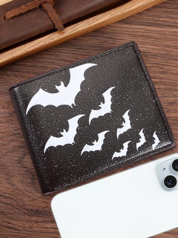 Men's Bat Pattern PU Leather Card Holder, Portable Bifold Wallet, Casual Trendy Short Wallet with Zipper, Fashionable Coin Purse for Men for Daily Use