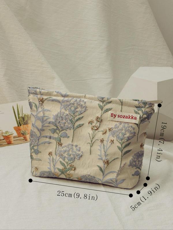 Floral Pattern Makeup Bag for Summer, Casual Letter Patched Design Makeup Bag, Portable Zipper Makeup Storage Bag for Travel & Business Trip & Daily Used