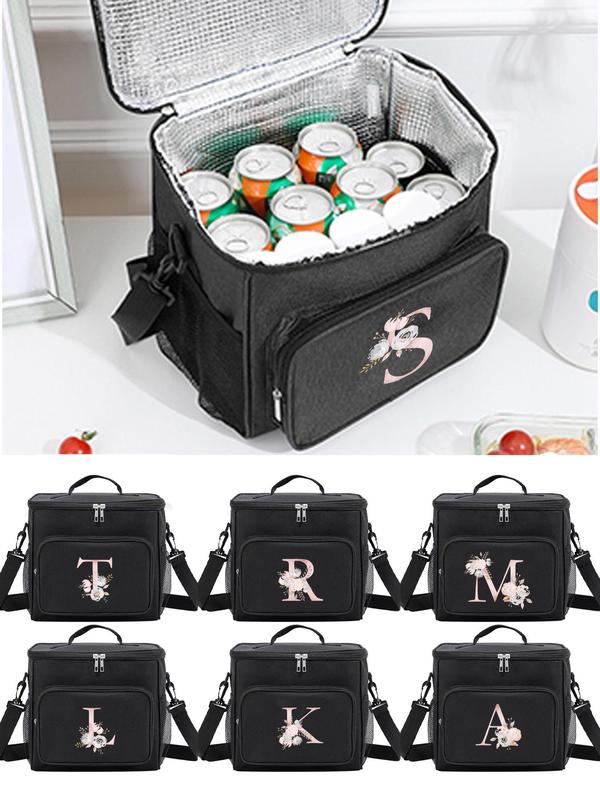 Letter Pattern Insulated Lunch Bag, Durable Waterproof Office Cooler Food Bag with Adjustable Shoulder Strap, Portable Insulated Food Bag for School