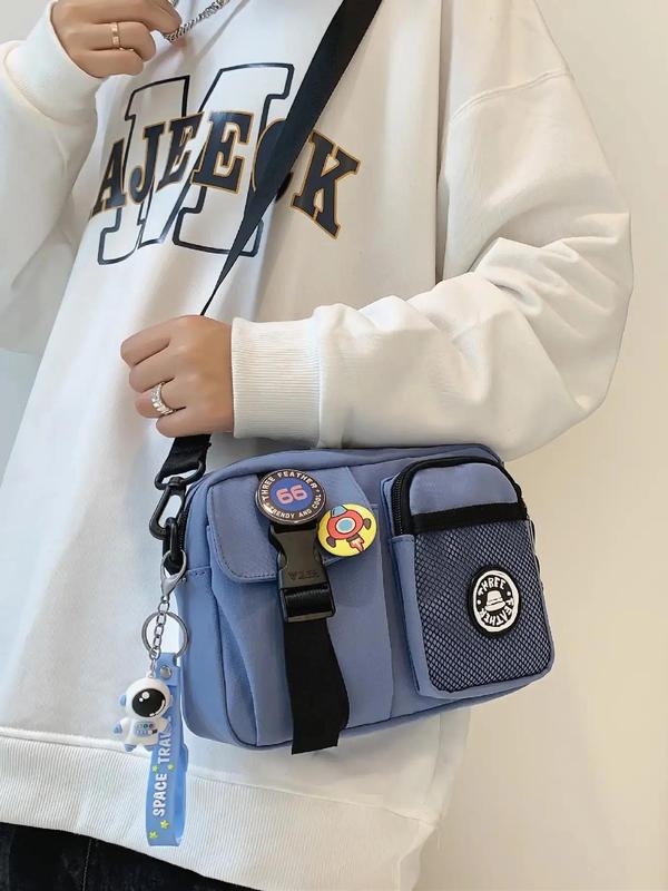 Unisex Couple Zipper Crossbody Bag, Casual Plain Multi-pocket Bag for Women & Men, Casual Trendy Versatile High-quality Daily Commuting Bag, Girl Fashionable Shopping Bag with Random Color Badge