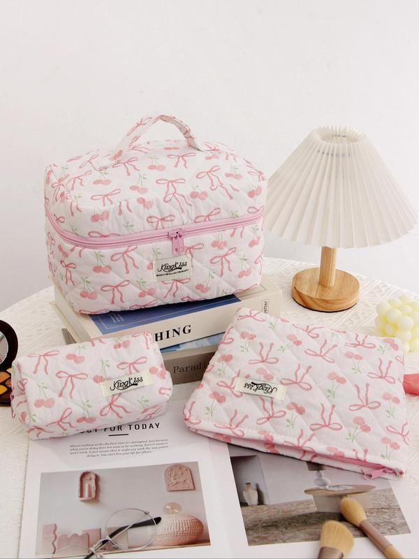 Cute Bow Pattern Makeup Bag Set, Large Capacity Handheld Makeup Bag, Zipper Makeup Bags for Purse, Travel Toiletry Bag, Fashion Portable Bag