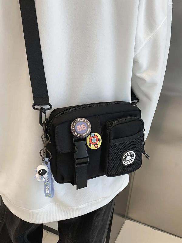 Unisex Couple Zipper Crossbody Bag, Casual Plain Multi-pocket Bag for Women & Men, Casual Trendy Versatile High-quality Daily Commuting Bag, Girl Fashionable Shopping Bag with Random Color Badge