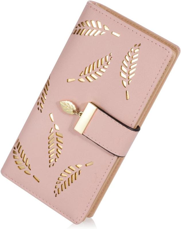 Women's Long Leaf Bifold Wallet Leather Card Holder Purse Zipper Buckle Elegant Clutch Wallet Handbag for Women - Pink