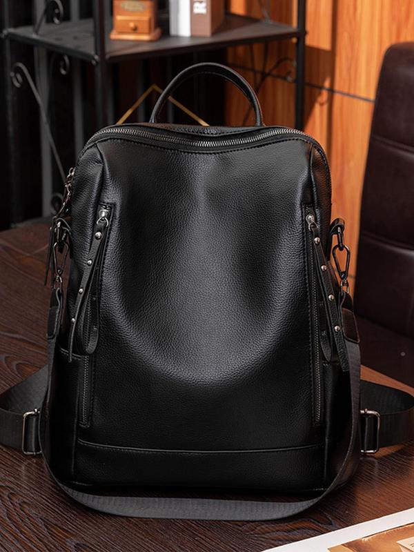 Solid Color PU Leather Backpack,  Fashionable Large Capacity Zipper Backpack for Women & Men, Casual Trendy Versatile High-quality Daily Commuting Bag