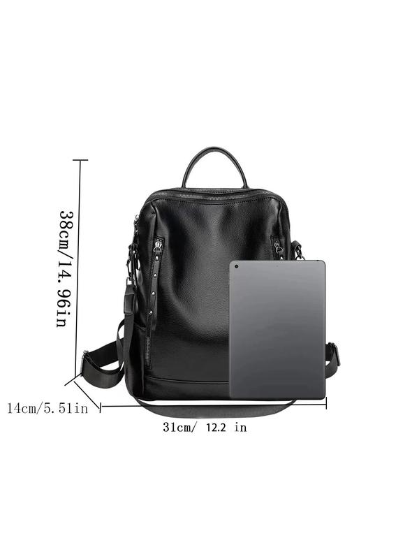 Solid Color PU Leather Backpack,  Fashionable Large Capacity Zipper Backpack for Women & Men, Casual Trendy Versatile High-quality Daily Commuting Bag