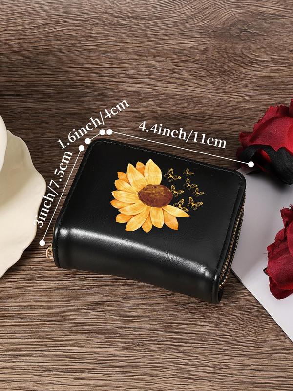 Women's Sunflower & Butterfly Pattern Card Holder, Fashionable Zipper Card Holder, Casual Versatile Short Wallet for Women & Girls