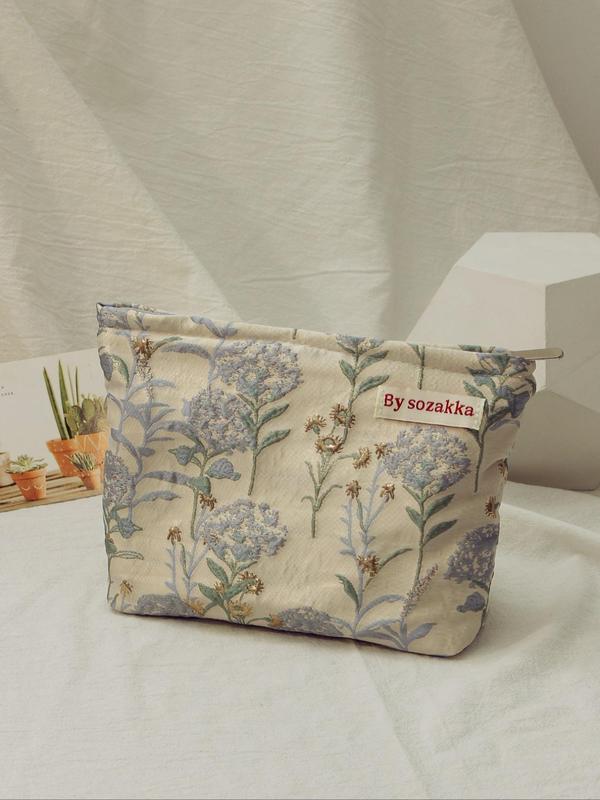 Floral Pattern Makeup Bag for Summer, Casual Letter Patched Design Makeup Bag, Portable Zipper Makeup Storage Bag for Travel & Business Trip & Daily Used