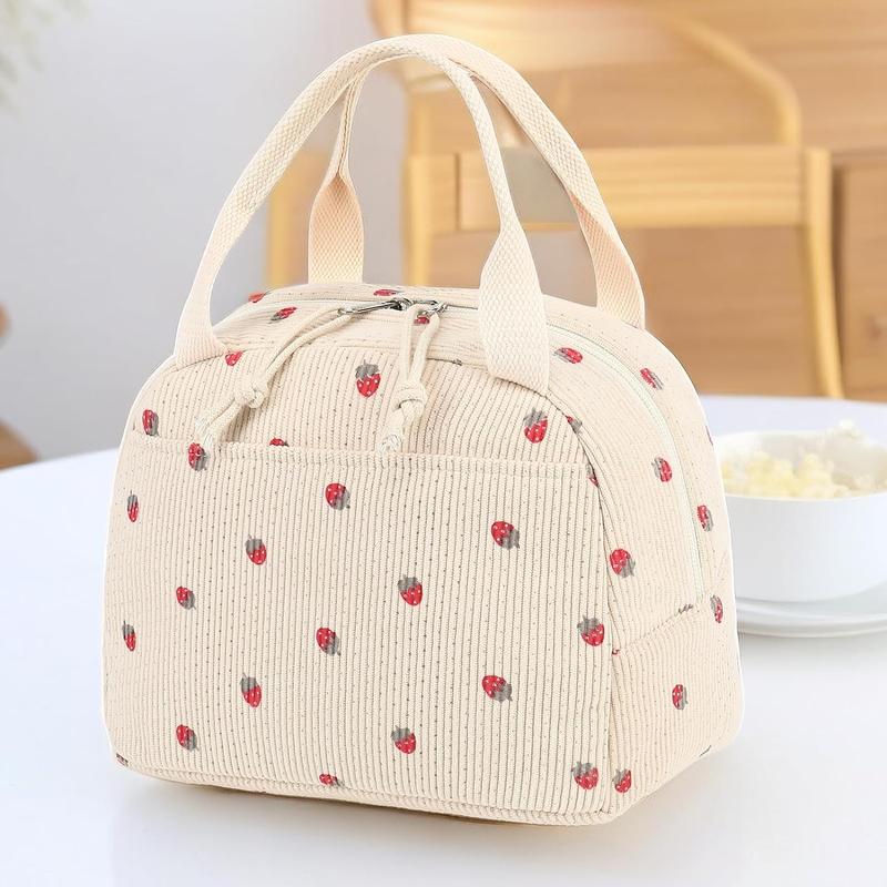 Strawberry Pattern Lunch Bag, 1 Count Cute Corduroy Lunch Tote Bag, Reusable Insulated Bento Bag, Large Capacity Reusable Insulated Cooler for Outdoor