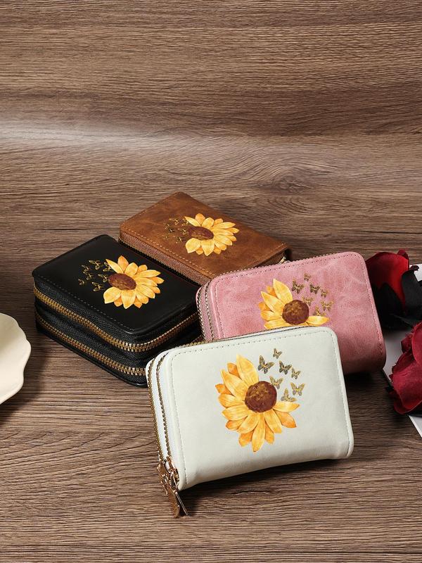 Women's Sunflower & Butterfly Pattern Card Holder, Fashionable Zipper Card Holder, Casual Versatile Short Wallet for Women & Girls