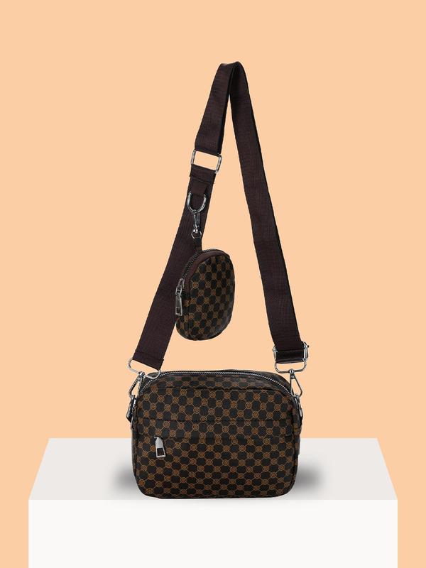 Men's Fashionable All Over Pattern Pu Leather Zipper Crossbody Bag As Gifts, with Coin Purse Set, Simple All-match Bag Set for Work & School, Fall Outfits, Earthtone Fall Freshness