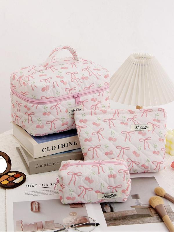 Cute Bow Pattern Makeup Bag Set, Large Capacity Handheld Makeup Bag, Zipper Makeup Bags for Purse, Travel Toiletry Bag, Fashion Portable Bag