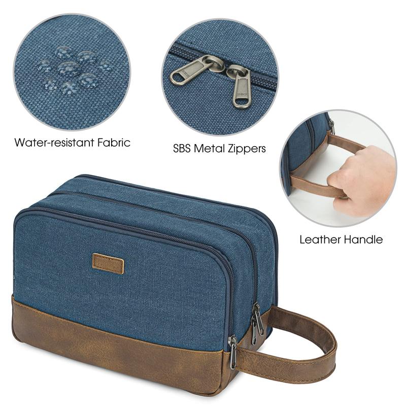 WANDF Travel Toiletry Bag for Men Hanging Dopp Kit Canvas Toiletry Organizer Water-resistant Vegan Leather Shaving Bag with Wet Pocket