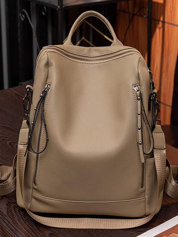 Solid Color PU Leather Backpack,  Fashionable Large Capacity Zipper Backpack for Women & Men, Casual Trendy Versatile High-quality Daily Commuting Bag