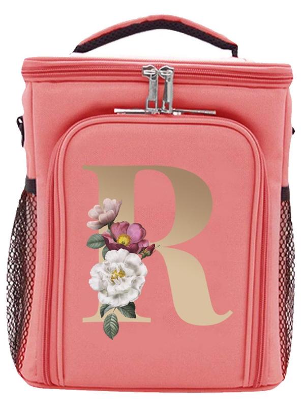 Floral & Letter Pattern Lunch Bag, Reusable Lunch Box Handbag, Leakproof Insulated Bag &  Cooler Bag for Office School Beach  Picnics Camping