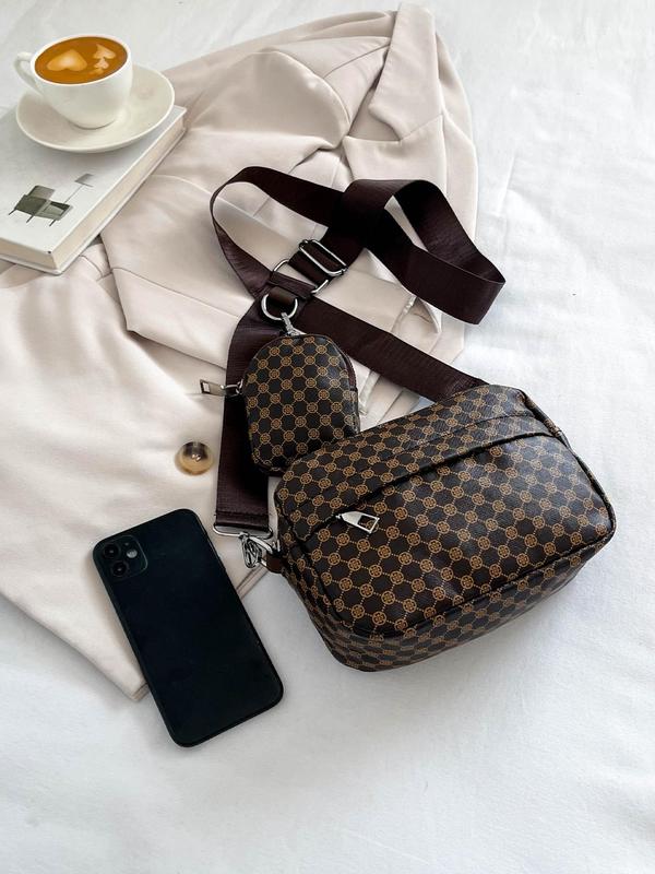 Men's Fashionable All Over Pattern Pu Leather Zipper Crossbody Bag As Gifts, with Coin Purse Set, Simple All-match Bag Set for Work & School, Fall Outfits, Earthtone Fall Freshness