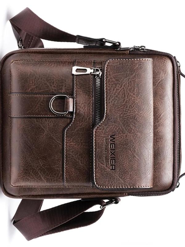 Men's Casual Solid Color Pu Leather Handbag, Fashionable Vintage Style Zipper Shoulder Bag for Daily Used, Casual Trendy Versatile High-quality Daily Commuting Bag