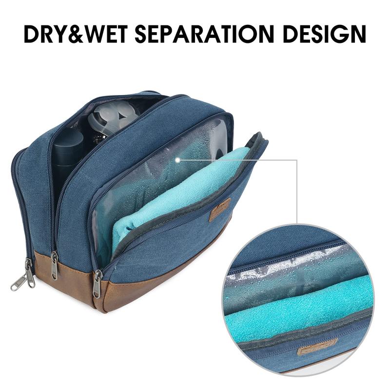 WANDF Travel Toiletry Bag for Men Hanging Dopp Kit Canvas Toiletry Organizer Water-resistant Vegan Leather Shaving Bag with Wet Pocket