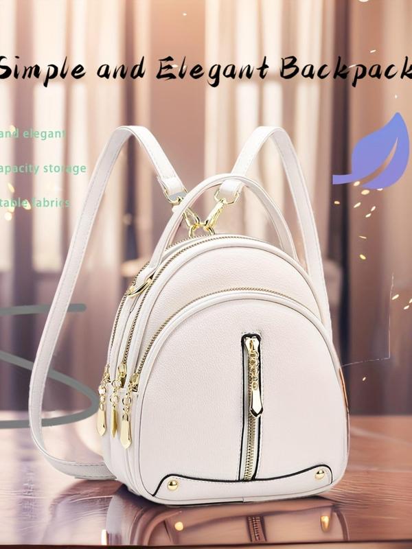 Women's Solid Color PU Leather Backpack, Casual Versatile Zipper Backpack, Fashionable School Bag for Students