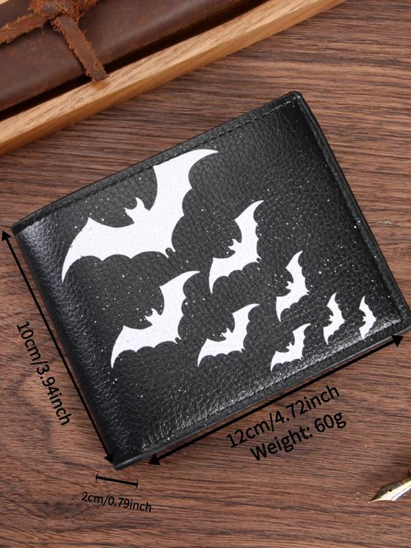 Men's Bat Pattern PU Leather Card Holder, Portable Bifold Wallet, Casual Trendy Short Wallet with Zipper, Fashionable Coin Purse for Men for Daily Use