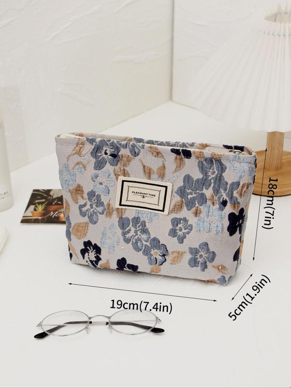 Floral Pattern Makeup Bag for Summer, Casual Letter Patched Design Makeup Bag, Portable Zipper Makeup Storage Bag for Travel & Business Trip & Daily Used