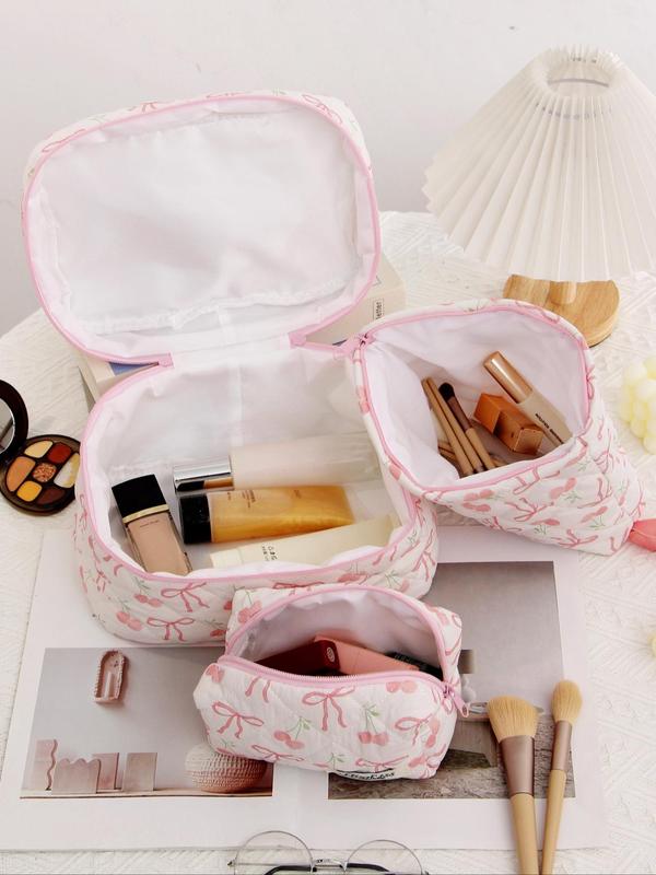 Cute Bow Pattern Makeup Bag Set, Large Capacity Handheld Makeup Bag, Zipper Makeup Bags for Purse, Travel Toiletry Bag, Fashion Portable Bag