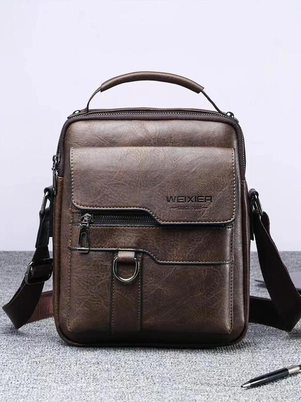 Men's Casual Solid Color Pu Leather Handbag, Fashionable Vintage Style Zipper Shoulder Bag for Daily Used, Casual Trendy Versatile High-quality Daily Commuting Bag