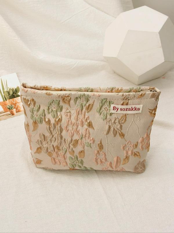 Floral Pattern Makeup Bag for Summer, Casual Letter Patched Design Makeup Bag, Portable Zipper Makeup Storage Bag for Travel & Business Trip & Daily Used