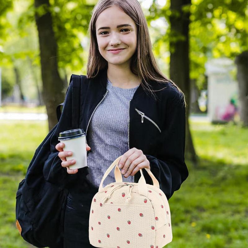 Strawberry Pattern Lunch Bag, 1 Count Cute Corduroy Lunch Tote Bag, Reusable Insulated Bento Bag, Large Capacity Reusable Insulated Cooler for Outdoor