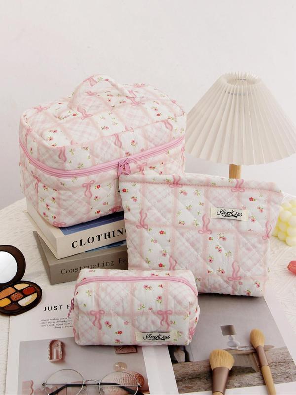 Cute Bow Pattern Makeup Bag Set, Large Capacity Handheld Makeup Bag, Zipper Makeup Bags for Purse, Travel Toiletry Bag, Fashion Portable Bag