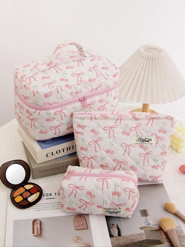 Cute Bow Pattern Makeup Bag Set, Large Capacity Handheld Makeup Bag, Zipper Makeup Bags for Purse, Travel Toiletry Bag, Fashion Portable Bag