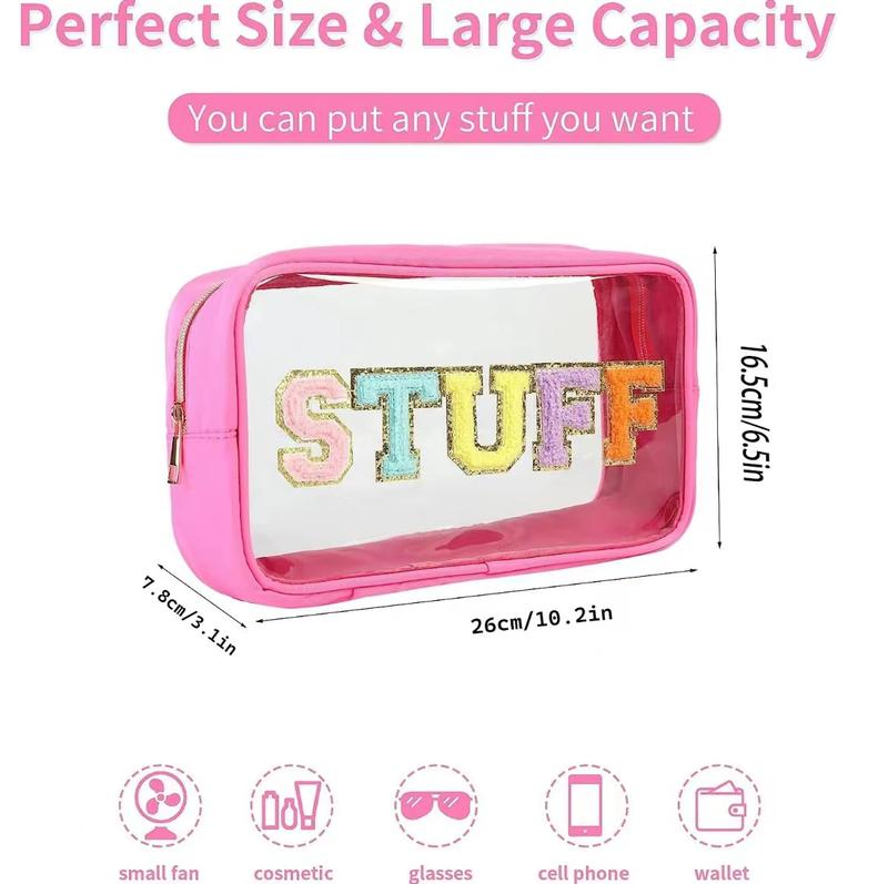 Chenille Letter Bag Stuff Makeup Bag Preppy Clear Cosmetic Bags with Zipper Transparent PVC Waterproof Travel Toiletry Storage Bag for Women(Hot Pink)