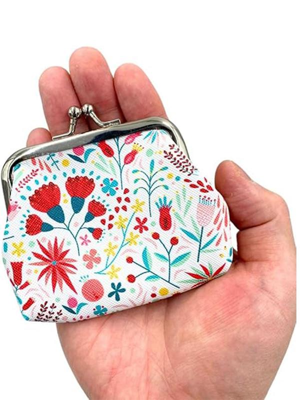 Cute Flower Pattern Mini Coin Purse Set, Fashionable Kiss Lock Design PU Leather Coin Holder, Small Coin Purse for Women & Girls