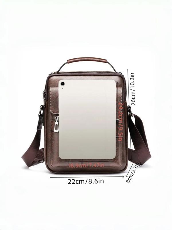 Men's Casual Solid Color Pu Leather Handbag, Fashionable Vintage Style Zipper Shoulder Bag for Daily Used, Casual Trendy Versatile High-quality Daily Commuting Bag