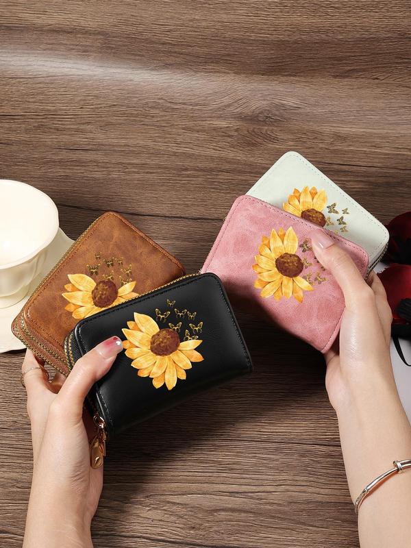 Women's Sunflower & Butterfly Pattern Card Holder, Fashionable Zipper Card Holder, Casual Versatile Short Wallet for Women & Girls