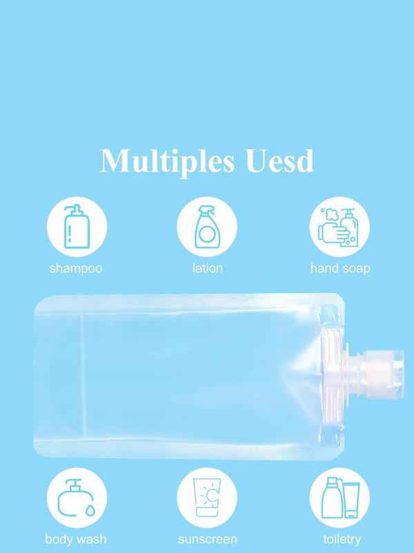 Portable Travel Fluid Makeup Packing Bags, 15pcs Plastic Stand Up Spout Pouches for Toiletries, Transparent Refillable Empty Squeeze Pouch for Lotion Shampoo Face Cream Hand Soap (With Funnel)