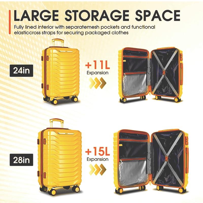 UUH Gold Luggage Sets Travel Case 4pcs 7pcs 8pcs Sets Suitcase With Water-Proof and Expandable Layer Makeup Bag Side Hooks And TSA Lock