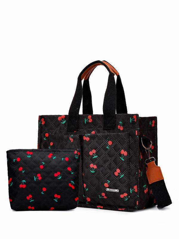 Cherry   Flower Pattern Quilted Shoulder Bag & Clutch Bag Set, Work Bag, Large Capacity Zipper All Over Print Handbag Bag with Pockets & Storage Bag, Fashion Women's Bag Set for Daily Used