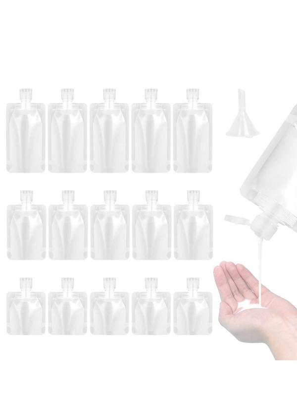 Portable Travel Fluid Makeup Packing Bags, 15pcs Plastic Stand Up Spout Pouches for Toiletries, Transparent Refillable Empty Squeeze Pouch for Lotion Shampoo Face Cream Hand Soap (With Funnel)