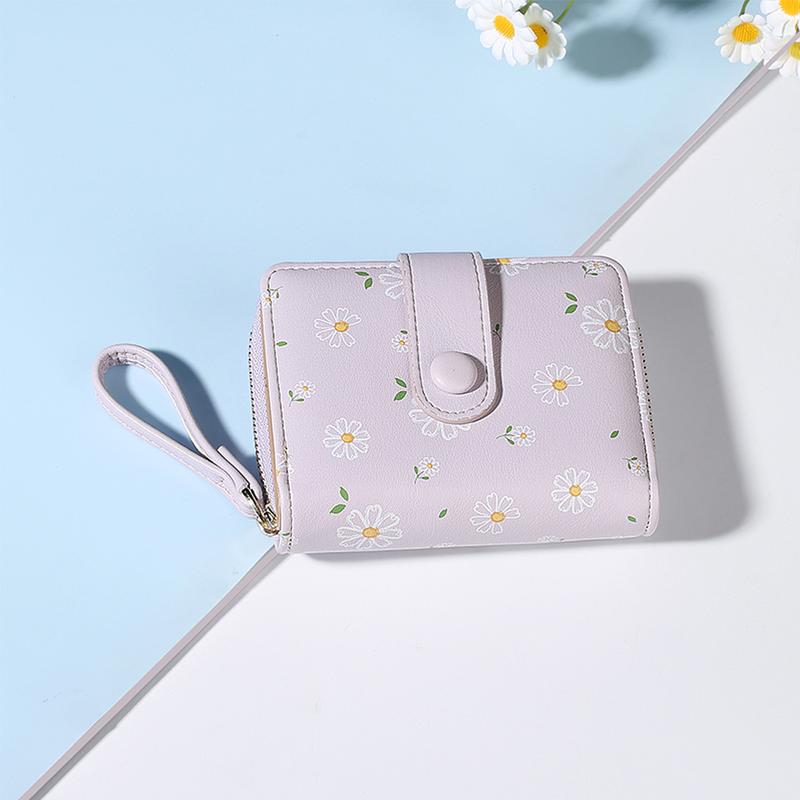 Cute Daisy Flowers Print Wallets with Exterior Zipper Around Coin Purse Bifold Bill Wallet with Credit Card Holder Id Window