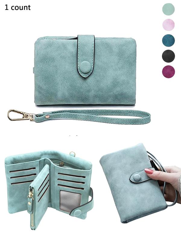 Women's Solid Color PU Leather Zipper Short Wallet, 2024 New Style Fashionable Light Green Wallet with Wrist Strap, Simple All-match Card Holder for Daily Used